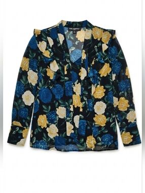 Karl Lagerfeld Paris Blue & Yellow Floral Ruffle Blouse